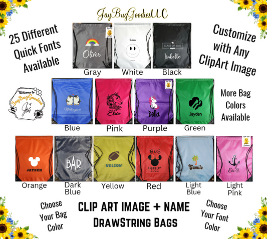 CLIP ART IMAGE + NAME Drawstring Bags, Customizable, Cinch Bag, Backpack, Sports, Teams, Baseball, Basketball, FootBall, Students, Gym, Travel, Vacation Bag, Bulk Discounts.