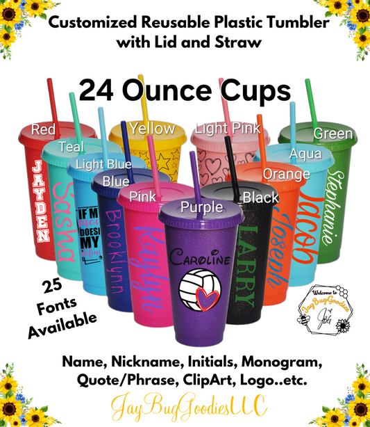 24 Ounce Plastic Tumbler with Lid & Straw. Custom Name, Cold cup, Personalized, Gift, Christmas Ideas, colorful cups, Clip Art, Students, Party Cups, Reusable Cups..