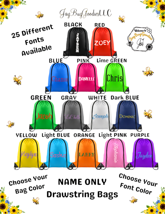 NAME ONLY Custom Drawstring Bags, Customizable, Cinch Bag, Backpack, Sports, Teams, Baseball, Basketball, FootBall, Students, Gym, Travel, Vacation Bag, Party Bags, Events, Bulk Discounts.