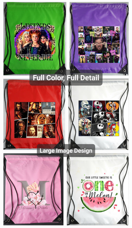 LARGE FULL COLOR DETAILED IMAGE Drawstring Bags, Customizable, Cinch Bag, Backpack, Sports, Teams, Baseball, Basketball, FootBall, Students, Gym, Travel, Vacation Bag, Events, Party Bags, Bulk Discounts.