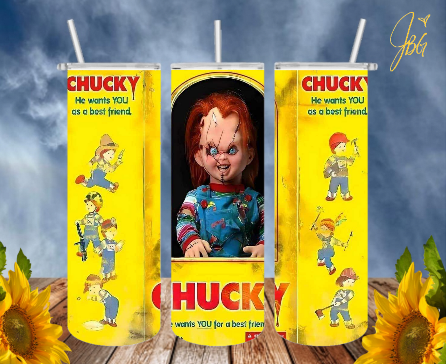 CHUCKY 20 Oz Tumbler with 1 Lid, 2 Straws and 1 Straw Cleaner. FREE SHIPPING. Stainless Steel. Sublimation Tumbler Cup.