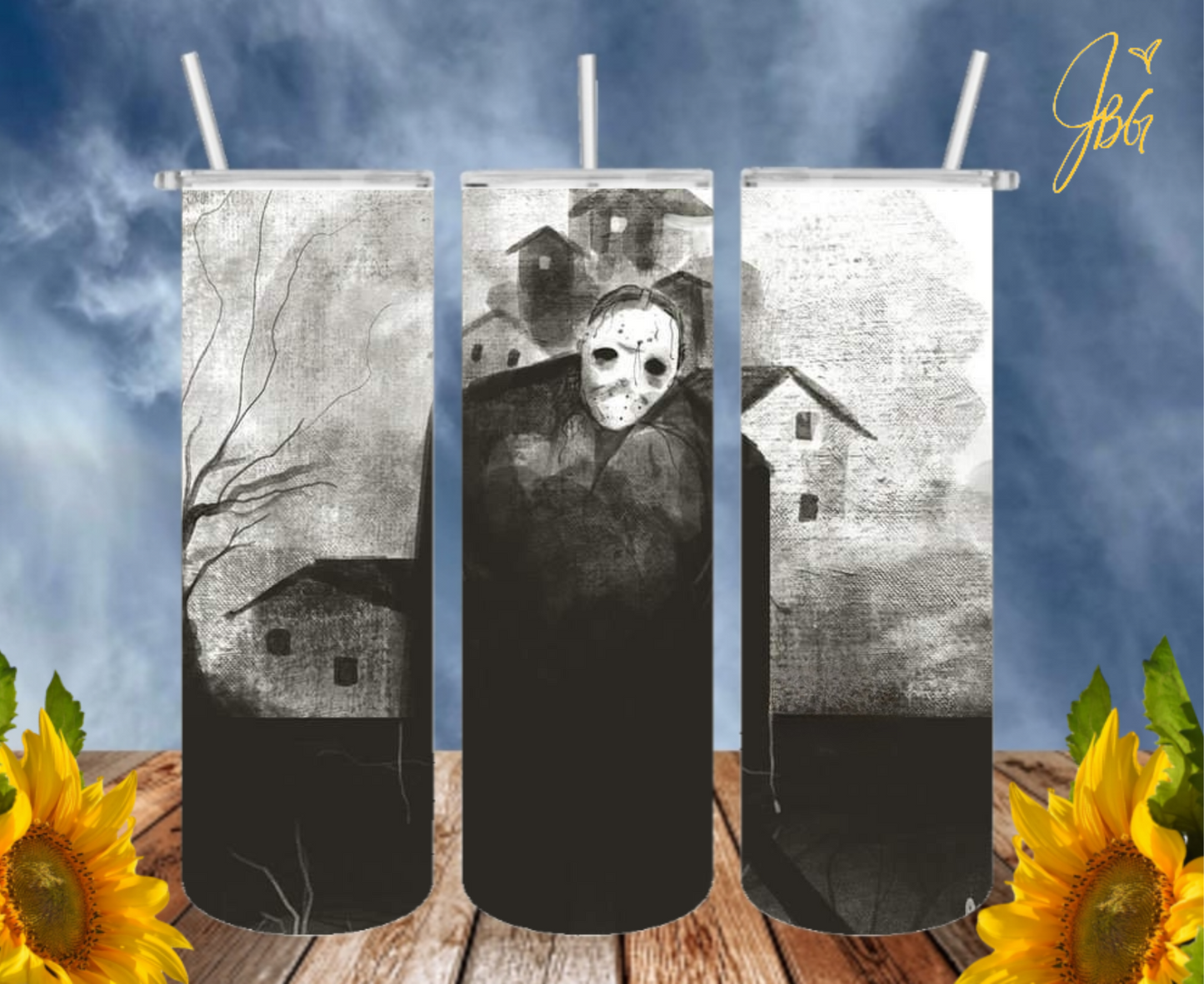 JASON VOORHEES 20 Oz Tumbler with 1 Lid, 2 Straws and 1 Straw Cleaner. FREE SHIPPING. Stainless Steel. Sublimation Tumbler Cup.