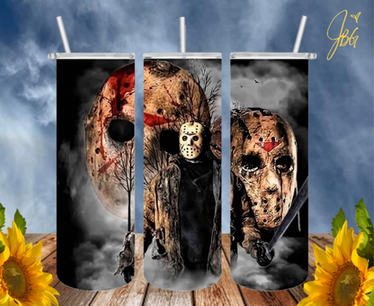 JASON VOORHEES 20 Oz Tumbler with 1 Lid, 2 Straws and 1 Straw Cleaner. FREE SHIPPING. Stainless Steel. Sublimation Tumbler Cup.