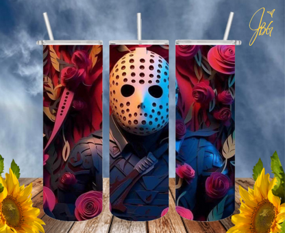 JASON VOORHEES 20 Oz Tumbler with 1 Lid, 2 Straws and 1 Straw Cleaner. FREE SHIPPING. Stainless Steel. Sublimation Tumbler Cup.