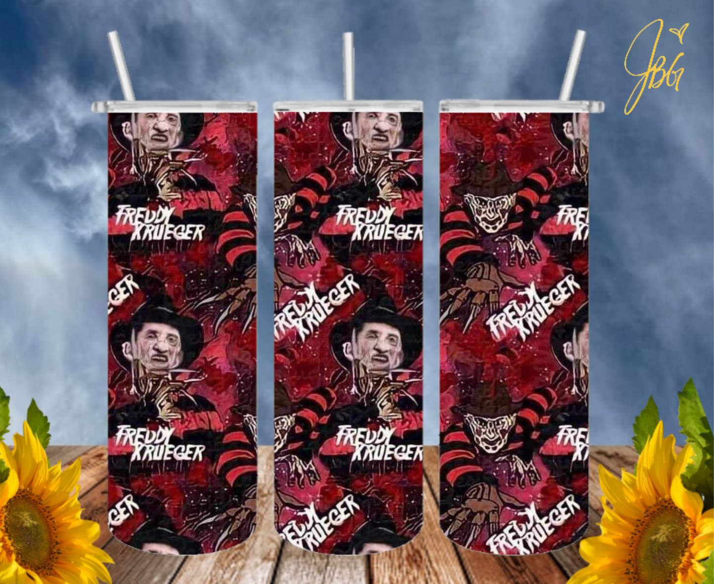 FREDDY KRUEGER 20oz Tumbler with 1 Lid, 2 Straws and 1 Straw Cleaner. FREE SHIPPING. Stainless Steel. Sublimation Tumbler Cup.