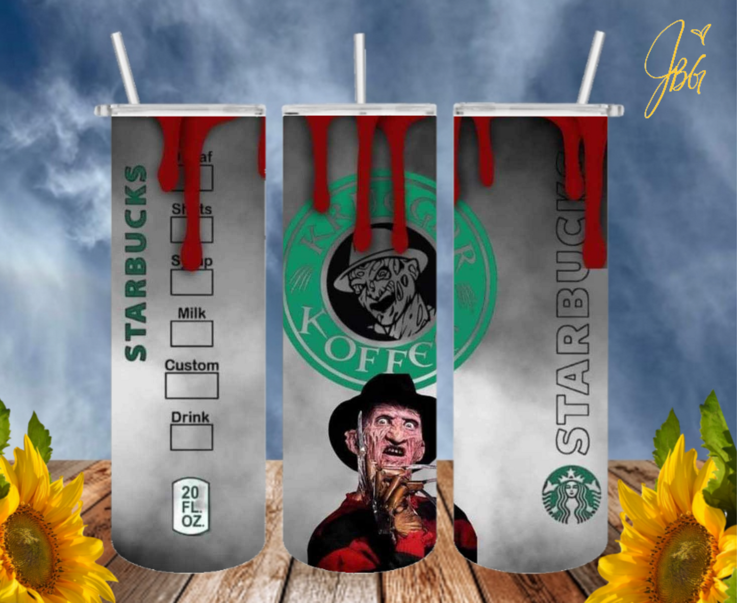 FREDDY KRUEGER 20oz Tumbler with 1 Lid, 2 Straws and 1 Straw Cleaner. FREE SHIPPING. Stainless Steel. Sublimation Tumbler Cup.