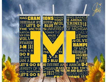 MICHIGAN Wolverines 20 Oz Tumbler with 1 Lid, 2 Straws and 1 Straw Cleaner. FREE SHIPPING. Stainless Steel. Sublimation Tumbler Cup.