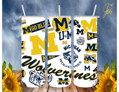 MICHIGAN Wolverines 20 Oz Tumbler with 1 Lid, 2 Straws and 1 Straw Cleaner. FREE SHIPPING. Stainless Steel. Sublimation Tumbler Cup.