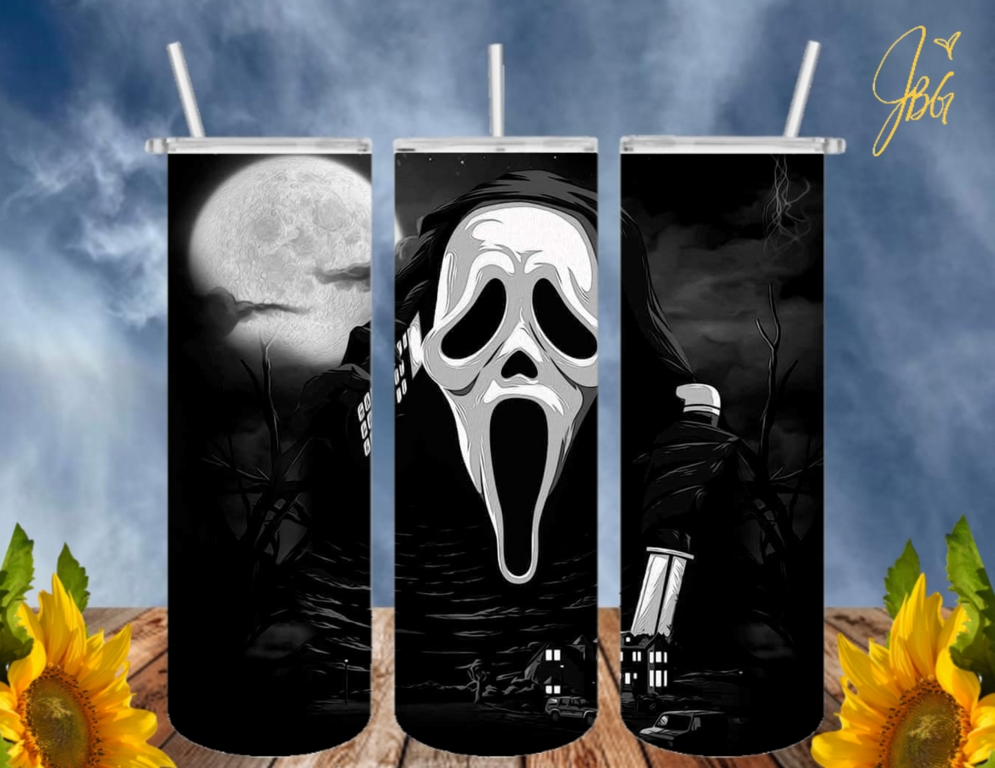 SCREAM GHOSTFACE 20 Oz Tumbler with 1 Lid, 2 Straws and 1 Straw Cleaner. FREE SHIPPING. Stainless Steel. Sublimation Tumbler Cup.