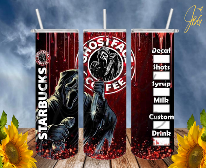 SCREAM GHOSTFACE 20 Oz Tumbler with 1 Lid, 2 Straws and 1 Straw Cleaner. FREE SHIPPING. Stainless Steel. Sublimation Tumbler Cup.