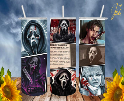 SCREAM GHOSTFACE 20 Oz Tumbler with 1 Lid, 2 Straws and 1 Straw Cleaner. FREE SHIPPING. Stainless Steel. Sublimation Tumbler Cup.