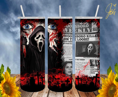 SCREAM GHOSTFACE 20 Oz Tumbler with 1 Lid, 2 Straws and 1 Straw Cleaner. FREE SHIPPING. Stainless Steel. Sublimation Tumbler Cup.