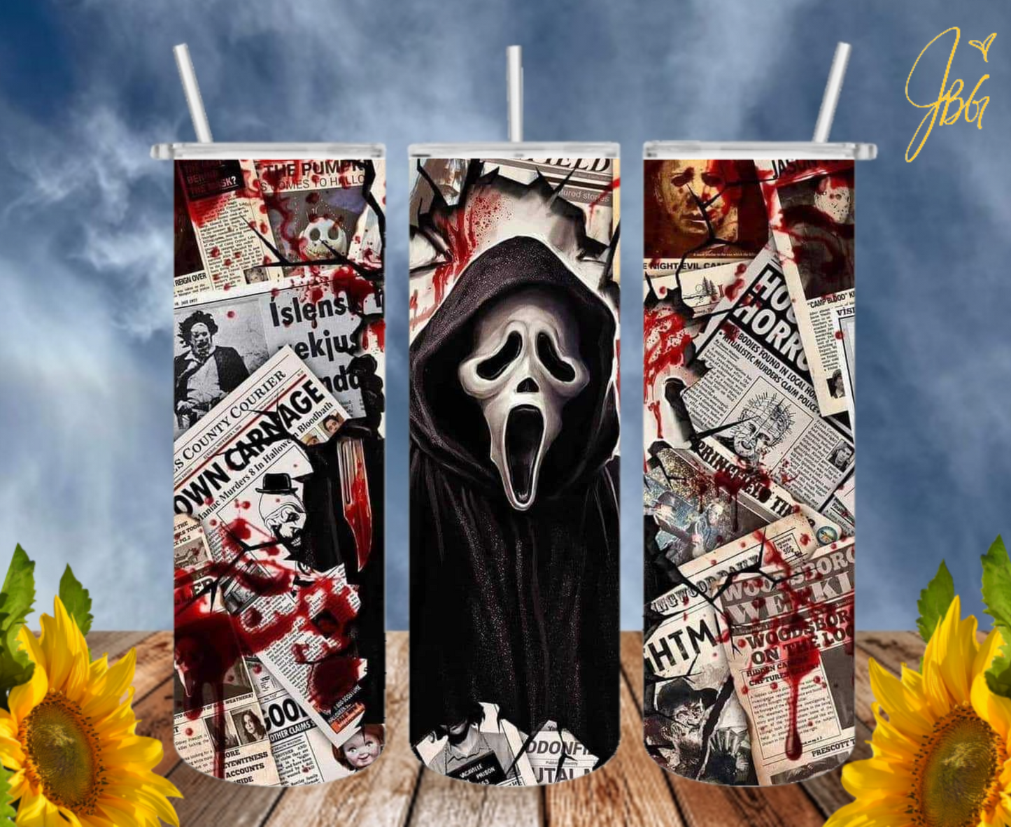 SCREAM GHOSTFACE 20 Oz Tumbler with 1 Lid, 2 Straws and 1 Straw Cleaner. FREE SHIPPING. Stainless Steel. Sublimation Tumbler Cup.