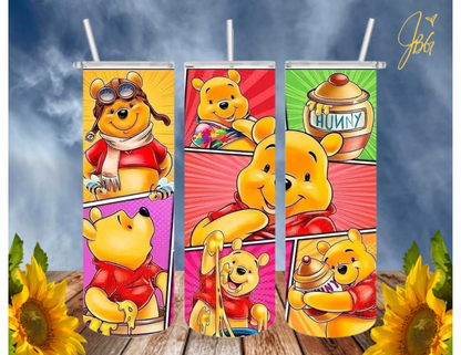 WINNIE THE POOH 20 Oz Tumbler with 1 Lid, 2 Straws and 1 Straw Cleaner. FREE SHIPPING. Stainless Steel. Sublimation Tumbler Cup.