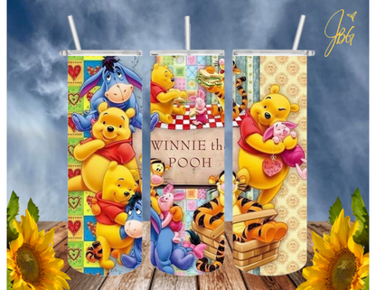 WINNIE THE POOH 20 Oz Tumbler with 1 Lid, 2 Straws and 1 Straw Cleaner. FREE SHIPPING. Stainless Steel. Sublimation Tumbler Cup.