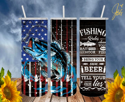 FISHING & HUNTING 20oz Tumbler with 1 Lid, 2 Straws and 1 Straw Cleaner. FREE SHIPPING. Stainless Steel. Sublimation Tumbler Cup.