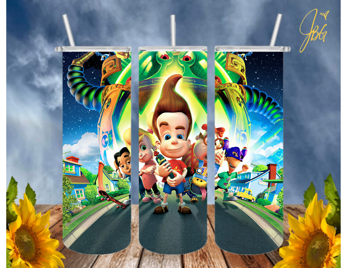 JIMMY NEUTRON 20 Oz Tumbler with 1 Lid, 2 Straws and 1 Straw Cleaner. FREE SHIPPING. Stainless Steel. Sublimation Tumbler Cup.