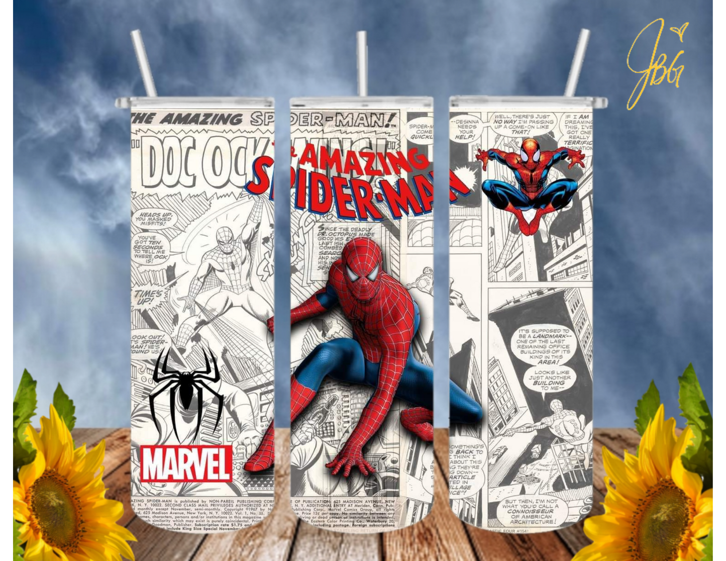 SPIDERMAN 20 Oz Tumbler with 1 Lid, 2 Straws and 1 Straw Cleaner. FREE SHIPPING. Stainless Steel. Sublimation Tumbler Cup.