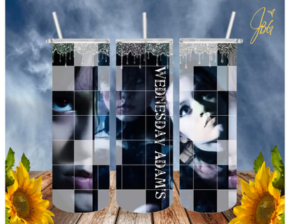 WEDNESDAY ADDAMS 20 Oz Tumbler with 1 Lid, 2 Straws and 1 Straw Cleaner. FREE SHIPPING. Stainless Steel. Sublimation Tumbler Cup.