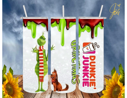 GRlNCH Christmas 20 Oz Tumbler with 1 Lid, 2 Straws and 1 Straw Cleaner. FREE SHIPPING. Stainless Steel. Sublimation Tumbler Cup.