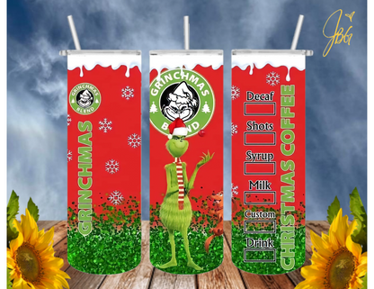 GRlNCH Christmas 20 Oz Tumbler with 1 Lid, 2 Straws and 1 Straw Cleaner. FREE SHIPPING. Stainless Steel. Sublimation Tumbler Cup.