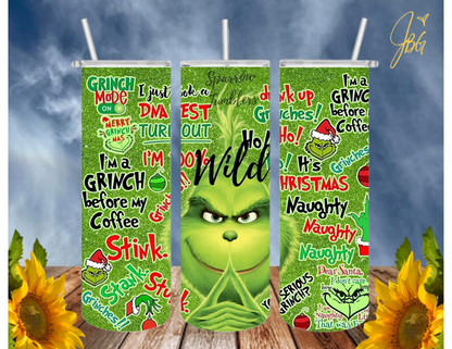 GRlNCH Christmas 20 Oz Tumbler with 1 Lid, 2 Straws and 1 Straw Cleaner. FREE SHIPPING. Stainless Steel. Sublimation Tumbler Cup.