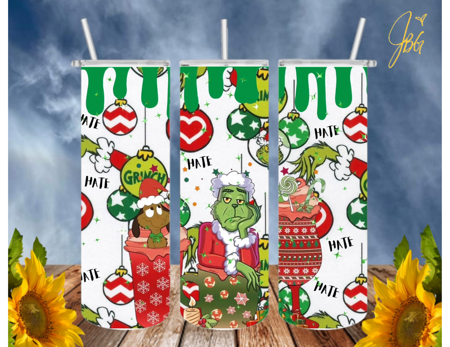 GRlNCH Christmas 20 Oz Tumbler with 1 Lid, 2 Straws and 1 Straw Cleaner. FREE SHIPPING. Stainless Steel. Sublimation Tumbler Cup.