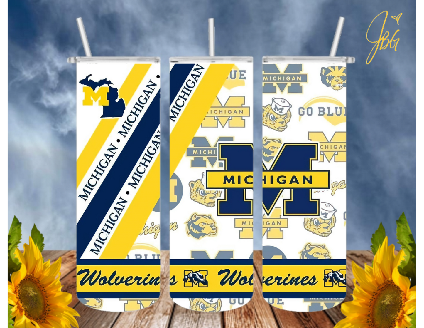 MICHIGAN Wolverines 20 Oz Tumbler with 1 Lid, 2 Straws and 1 Straw Cleaner. FREE SHIPPING. Stainless Steel. Sublimation Tumbler Cup.