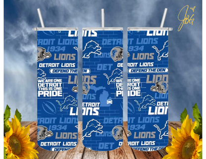 LIONS NFL 20 Oz Tumbler with 1 Lid, 2 Straws and 1 Straw Cleaner. FREE SHIPPING. Stainless Steel. Sublimation Tumbler Cup.