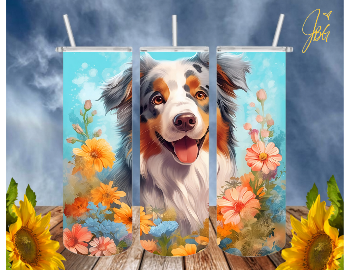 AUSTRALIAN SHEPHARD DOG 20 Oz Tumbler with 1 Lid, 2 Straws and 1 Straw Cleaner. FREE SHIPPING. Stainless Steel. Sublimation Tumbler Cup.