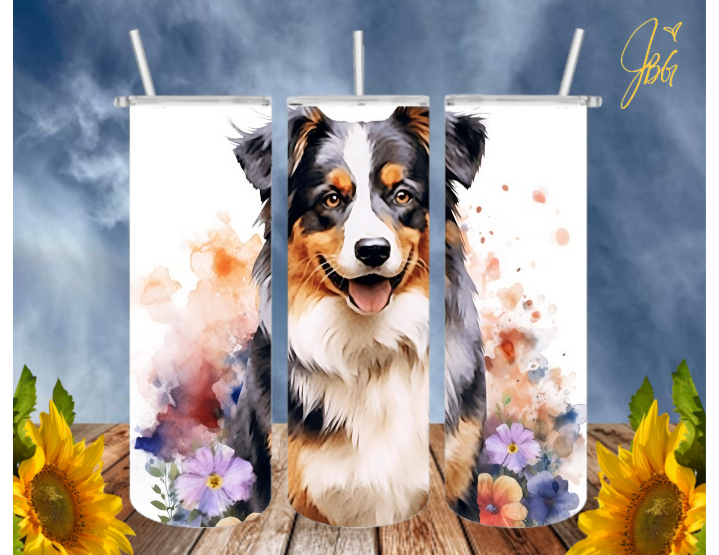 Australian Shepherd Dogs 20 Oz Tumbler with 1 Lid, 2 Straws and 1 Straw Cleaner. FREE SHIPPING. Stainless Steel. Sublimation Tumbler Cup.