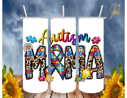 AUTISM AWARENESS 20 Oz Tumbler with 1 Lid, 2 Straws and 1 Straw Cleaner. FREE SHIPPING. Stainless Steel. Sublimation Tumbler Cup.