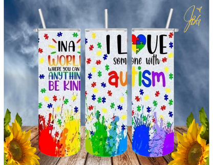 Autism Awareness 20 Oz Tumbler with 1 Lid, 2 Straws and 1 Straw Cleaner. FREE SHIPPING. Stainless Steel. Sublimation Tumbler Cup.