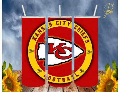 KANSAS CITY CHIEFS 20 Oz Tumbler with 1 Lid, 2 Straws and 1 Straw Cleaner. FREE SHIPPING. Stainless Steel. Sublimation Tumbler Cup.