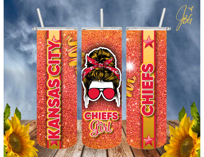 KANSAS CITY CHIEFS 20 Oz Tumbler with 1 Lid, 2 Straws and 1 Straw Cleaner. FREE SHIPPING. Stainless Steel. Sublimation Tumbler Cup.