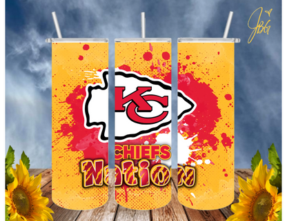 KANSAS CITY CHIEFS 20 Oz Tumbler with 1 Lid, 2 Straws and 1 Straw Cleaner. FREE SHIPPING. Stainless Steel. Sublimation Tumbler Cup.