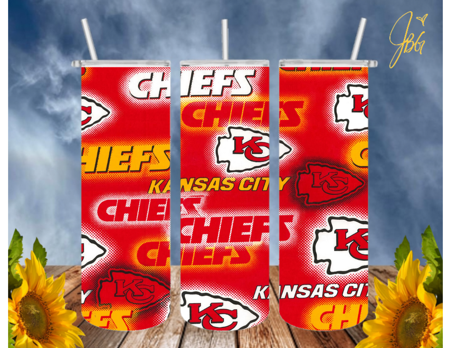 KANSAS CITY CHIEFS 20 Oz Tumbler with 1 Lid, 2 Straws and 1 Straw Cleaner. FREE SHIPPING. Stainless Steel. Sublimation Tumbler Cup.