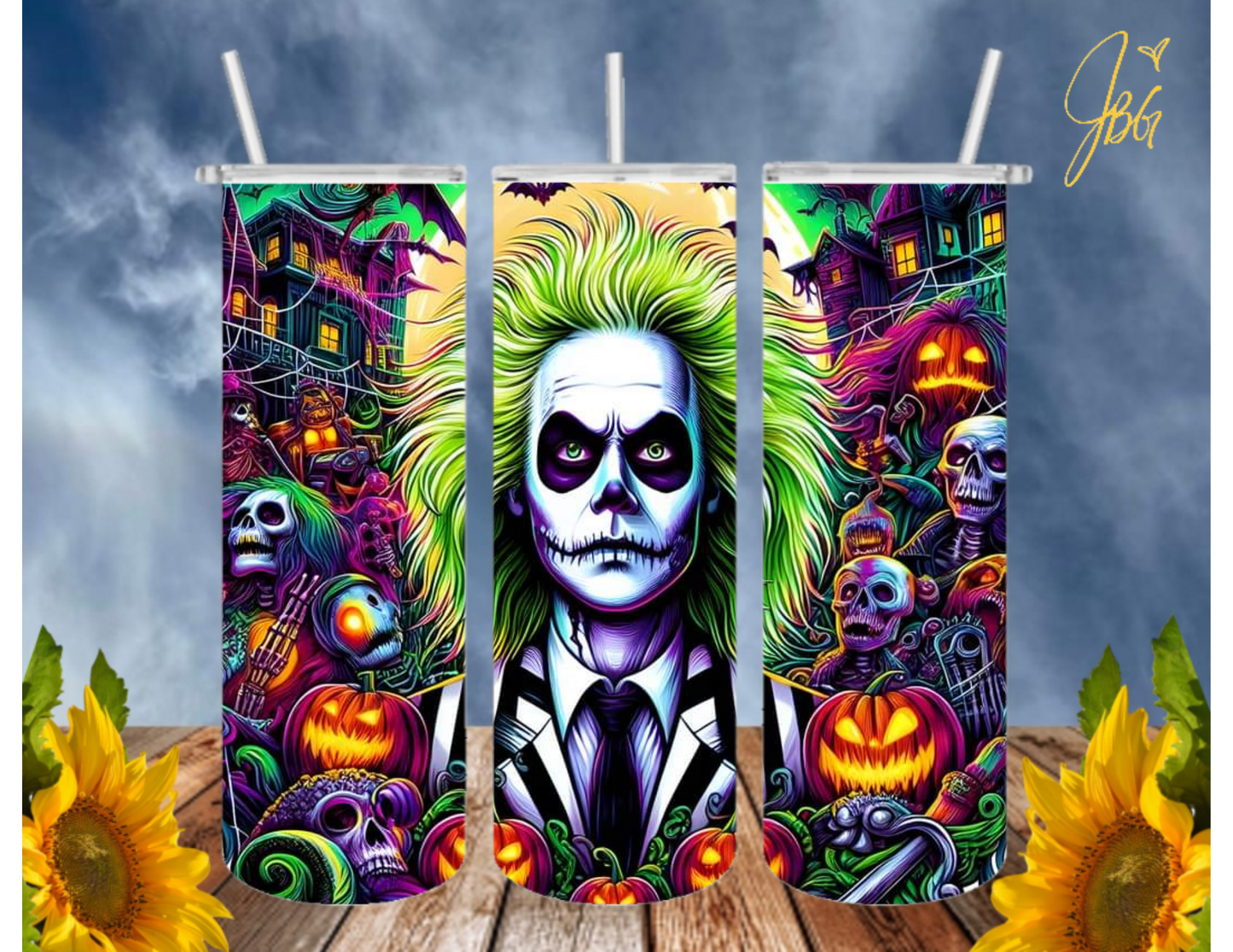 BEETLEJUICE 20 Oz Tumbler with 2 Straws, 1 Lid and Straw Cleaner. FREE SHIPPING. Stainless Steel. Sublimation Tumbler Cup.