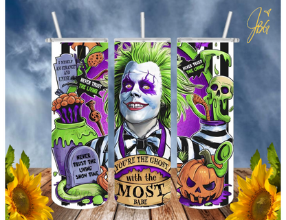 BEETLEJUICE 20 Oz Tumbler with 2 Straws, 1 Lid and Straw Cleaner. FREE SHIPPING. Stainless Steel. Sublimation Tumbler Cup.