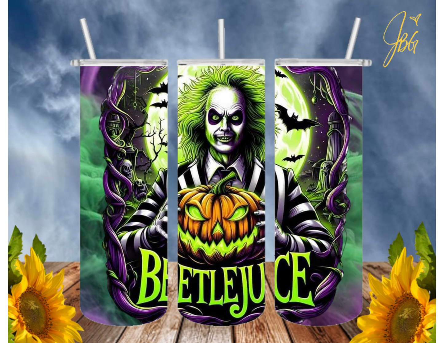 BEETLEJUICE 20 Oz Tumbler with 2 Straws, 1 Lid and Straw Cleaner. FREE SHIPPING. Stainless Steel. Sublimation Tumbler Cup.