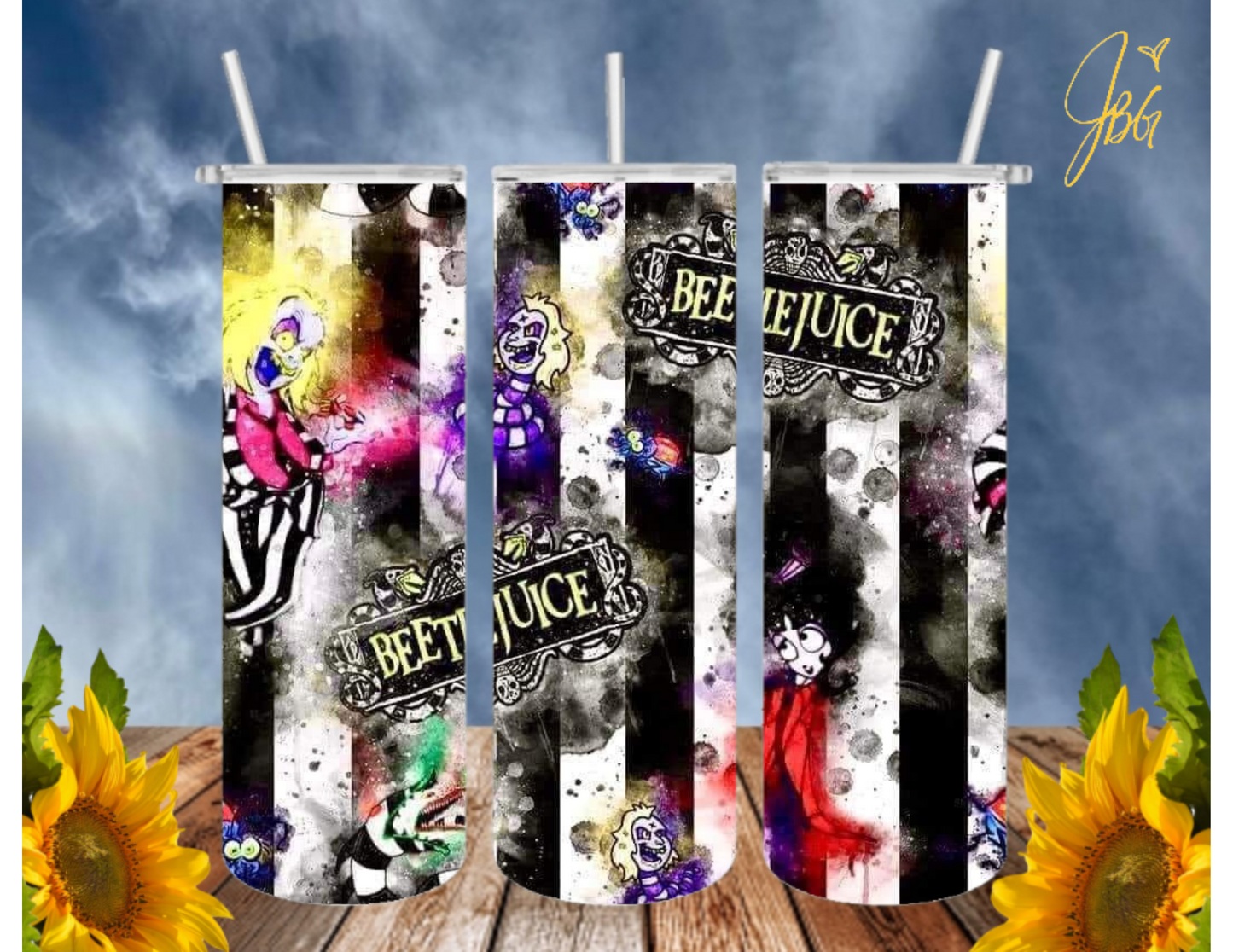 BEETLEJUICE 20 Oz Tumbler with 2 Straws, 1 Lid and Straw Cleaner. FREE SHIPPING. Stainless Steel. Sublimation Tumbler Cup.