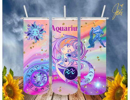 ZODIAC SIGNS 20 Oz Tumbler with 1 Lid, 2 Straws and 1 Straw Cleaner. FREE SHIPPING. Stainless Steel. Sublimation Tumbler Cup.