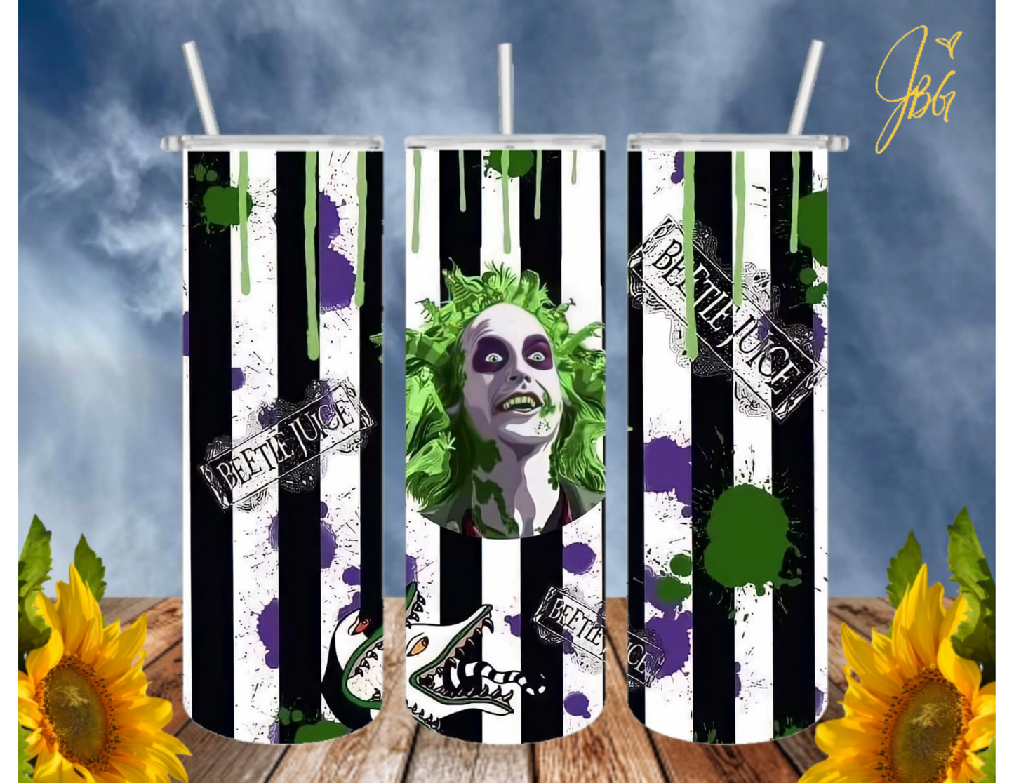 BEETLEJUICE 20 Oz Tumbler with 2 Straws, 1 Lid and Straw Cleaner. FREE SHIPPING. Stainless Steel. Sublimation Tumbler Cup.