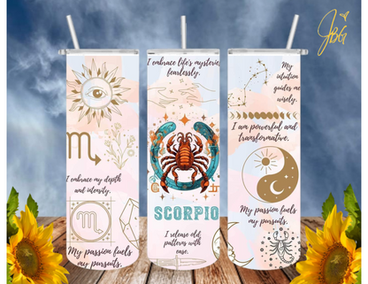 ZODIAC SIGNS 20 Oz Tumbler with 1 Lid, 2 Straws and 1 Straw Cleaner. FREE SHIPPING. Stainless Steel. Sublimation Tumbler Cup.