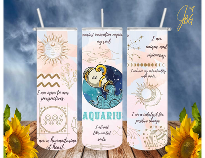 ZODIAC SIGNS 20 Oz Tumbler with 1 Lid, 2 Straws and 1 Straw Cleaner. FREE SHIPPING. Stainless Steel. Sublimation Tumbler Cup.