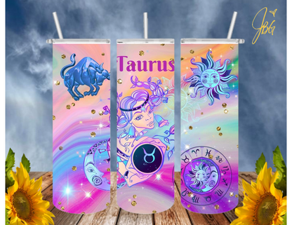 ZODIAC SIGNS 20 Oz Tumbler with 1 Lid, 2 Straws and 1 Straw Cleaner. FREE SHIPPING. Stainless Steel. Sublimation Tumbler Cup.