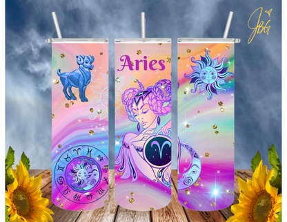 ZODIAC SIGNS 20 Oz Tumbler with 1 Lid, 2 Straws and 1 Straw Cleaner. FREE SHIPPING. Stainless Steel. Sublimation Tumbler Cup.