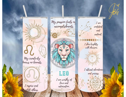 ZODIAC SIGNS 20 Oz Tumbler with 1 Lid, 2 Straws and 1 Straw Cleaner. FREE SHIPPING. Stainless Steel. Sublimation Tumbler Cup.