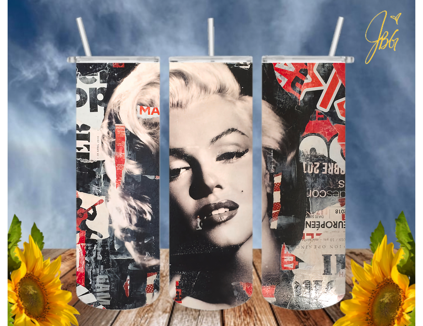 MARILYN MONROE 20 Oz Tumbler with 1 Lid, 2 Straws and 1 Straw Cleaner. FREE SHIPPING. Stainless Steel. Sublimation Tumbler Cup.