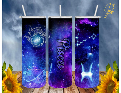 ZODIAC SIGNS 20 Oz Tumbler with 1 Lid, 2 Straws and 1 Straw Cleaner. FREE SHIPPING. Stainless Steel. Sublimation Tumbler Cup.